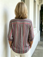 Contrasting Striped Shirt Lapel Single-breasted Medium Sleeve Top Women's Shirt