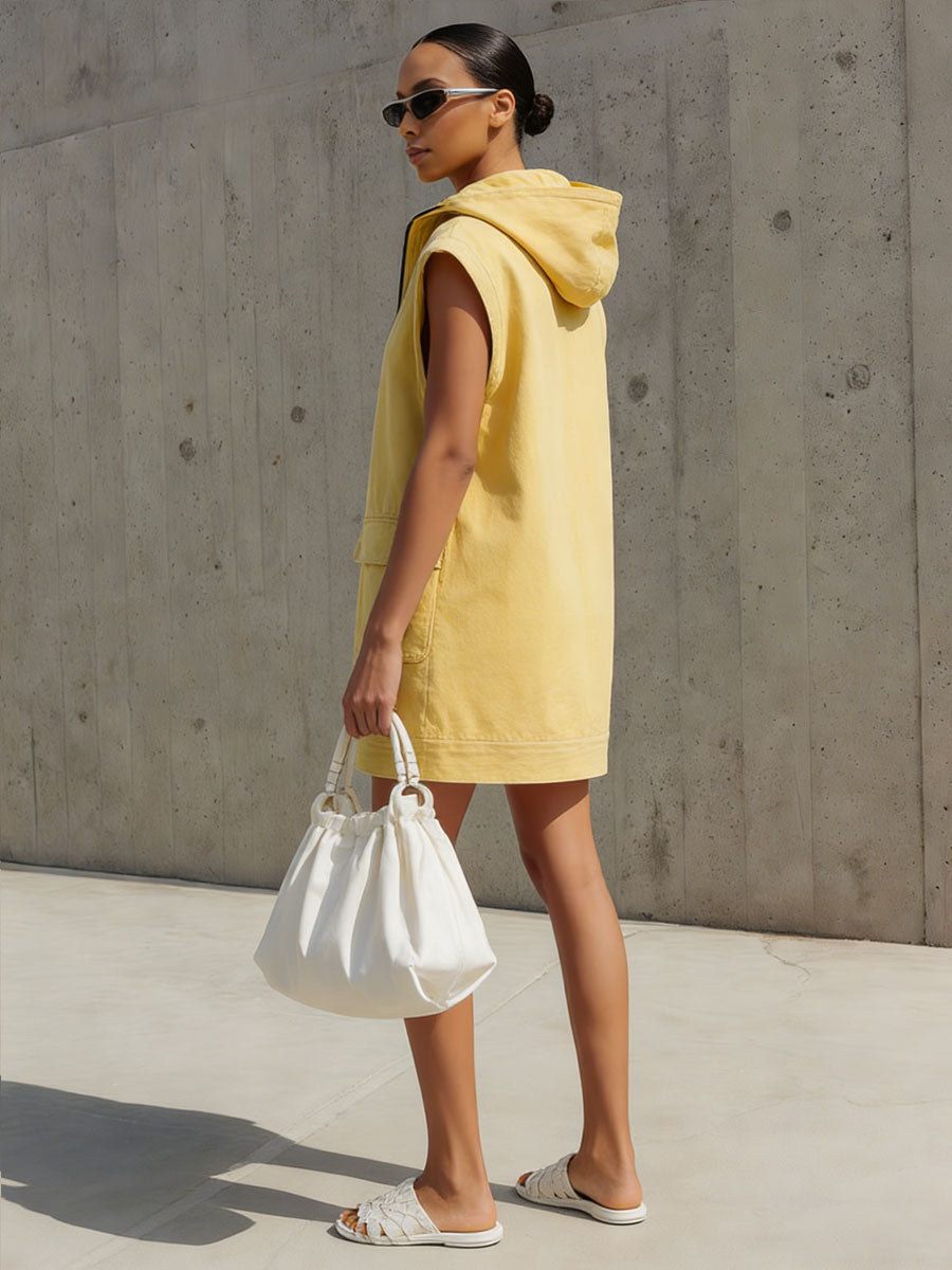 Casual Retro Sleeveless Yellow Denim Hooded Half-zip Mini Dress