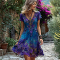 Women's Vintage Floral Embroidery Gradient Short Dress