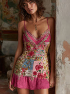 Women's Bohemian Floral Embroidery Art V-neck Suspenders Mini Dress
