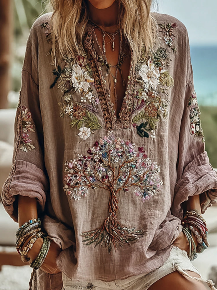 Women's Tribal Tree Of Life Floral Art Casual Shirt