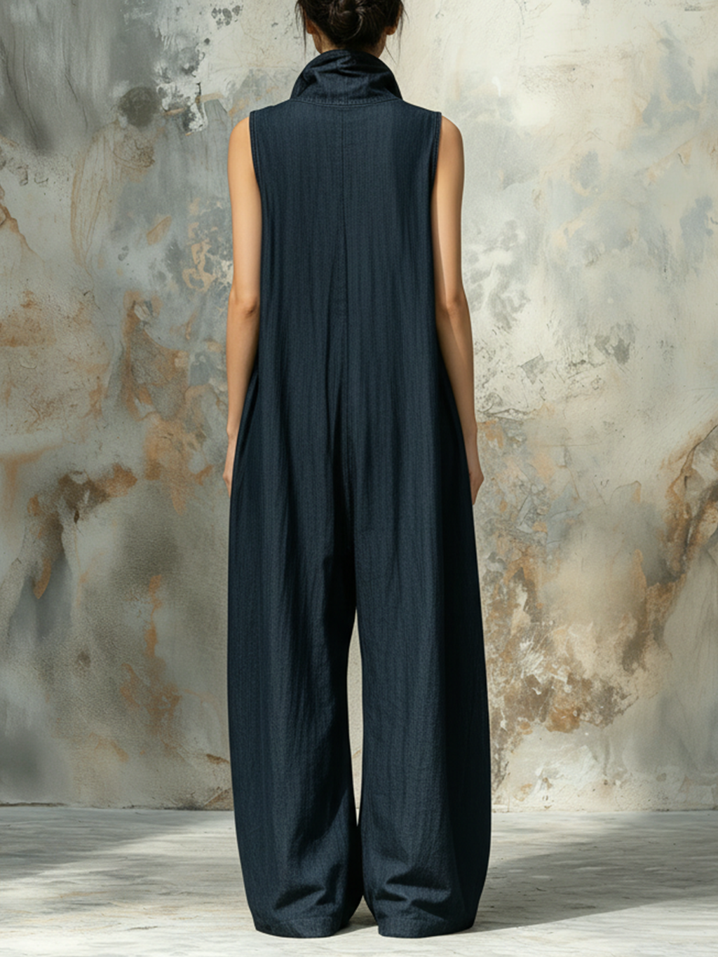 Dark Blue Denim Sleeveless Oversized Wide Leg Jumpsuit