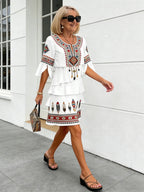Chiffon Vacation Prints Color Round Neck Cake Skirt Splicing Dress Mid-length