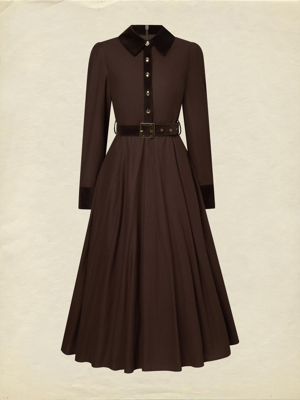 Midi Cotton Dress, Long Sleeves, Shawl Collar, Plain, Belt Design, Vintage, Coffee