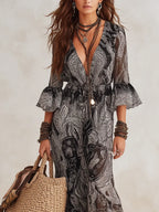 Bohemian-style Ruffled Chiffon Printed Maxi Dress