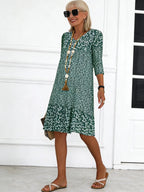 Bohemian Floral Print Half Sleeve V-neck Mid-Length Dress
