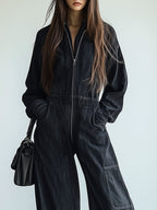 [24-hour shipping out]Casual Loose Retro Denim Zipper Elastic Waist Lapel Long Sleeve Jumpsuit