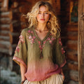 Vintage Cherry Blossoms Embroidery Linen Blend Shirt