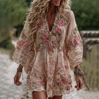 Women's Vintage Rose Embroidery Art Comfy Linen Mini Dress