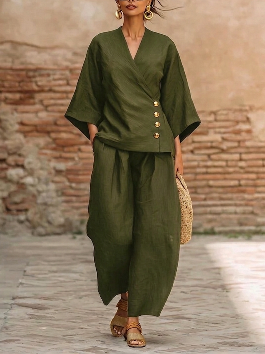 Minimalist & Elegant Metal Buttons Cotton-linen Two-piece Set