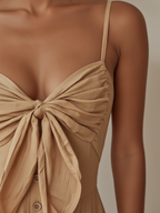 Beige Linen-Blend Bow-Front Button-Down Maxi Dress