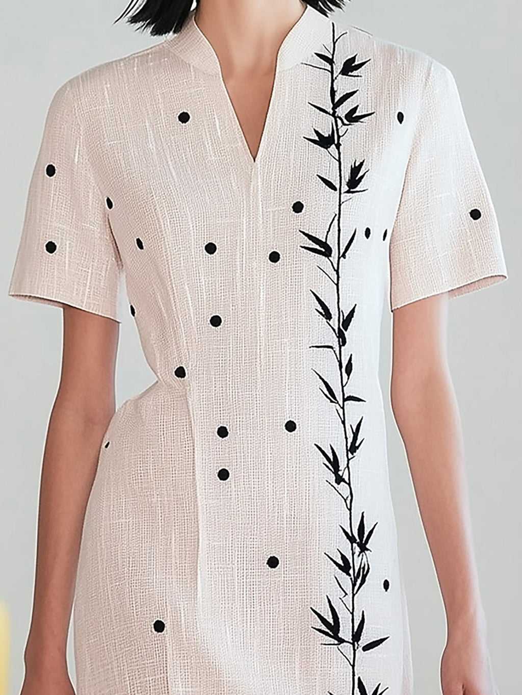 Pink Polka Dot Linen Dress with Bamboo Embroidery