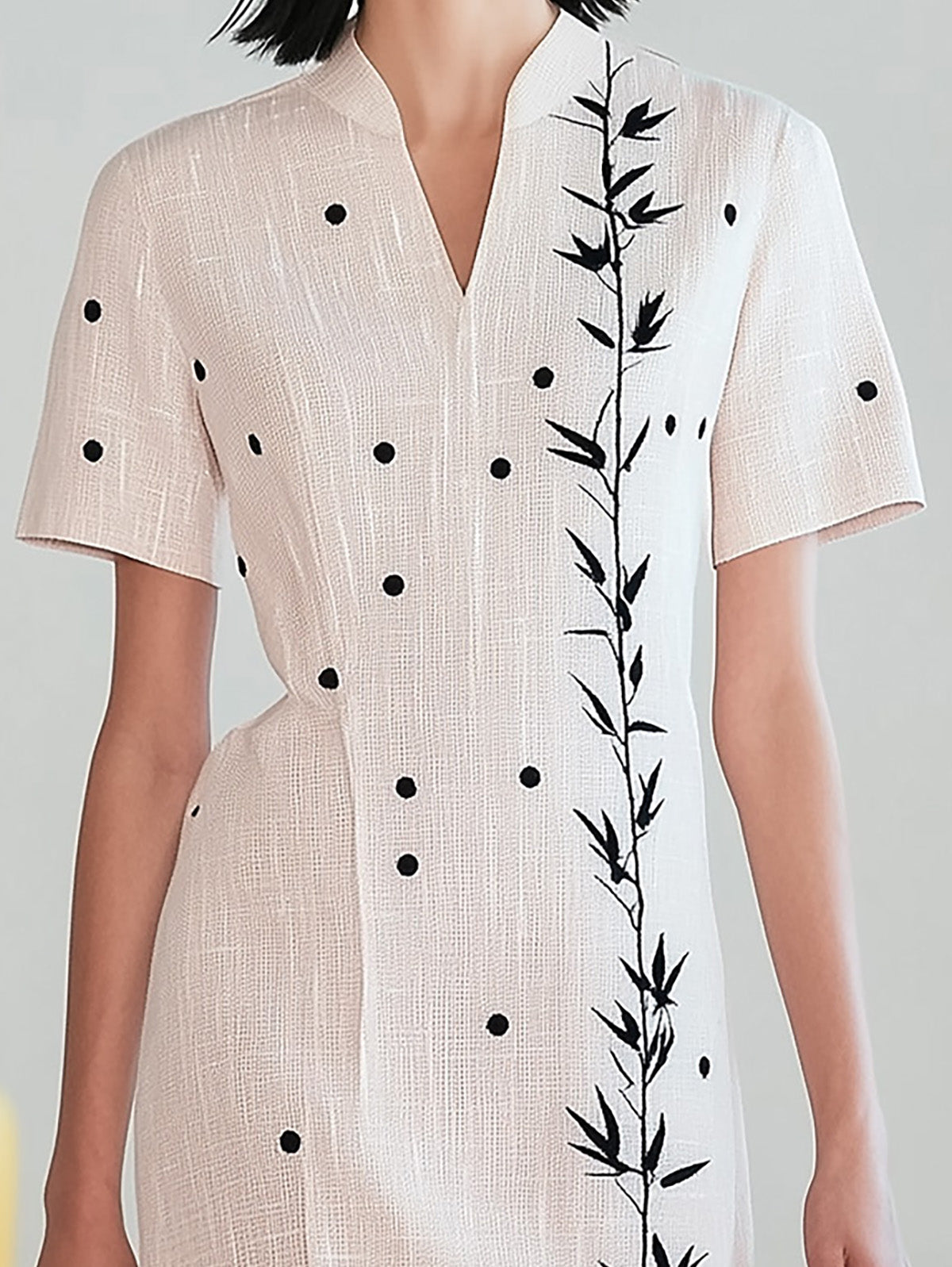 Pink Polka Dot Linen Dress with Bamboo Embroidery