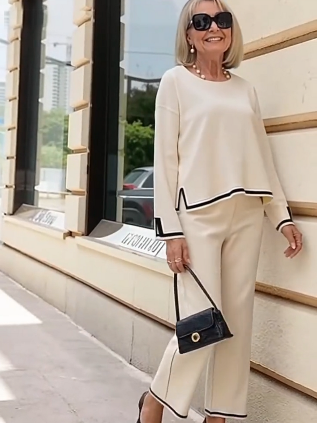 Contrasting Color Split-ended Long-sleeved Knitted Sweater High-waisted and Thin Wide-leg Pants and Trousers Two-piece Set