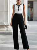 Elegant Black And White Color-Blocked Sleeveless Top And High-Waisted Wide-Leg Pants Set