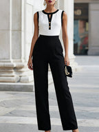 Elegant Black And White Color-Blocked Sleeveless Top And High-Waisted Wide-Leg Pants Set