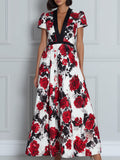 Deep V-Neck Contrast Trim Floral Print A-Line Midi Dress