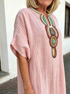 Cotton and Linen Embroidered Split Dress