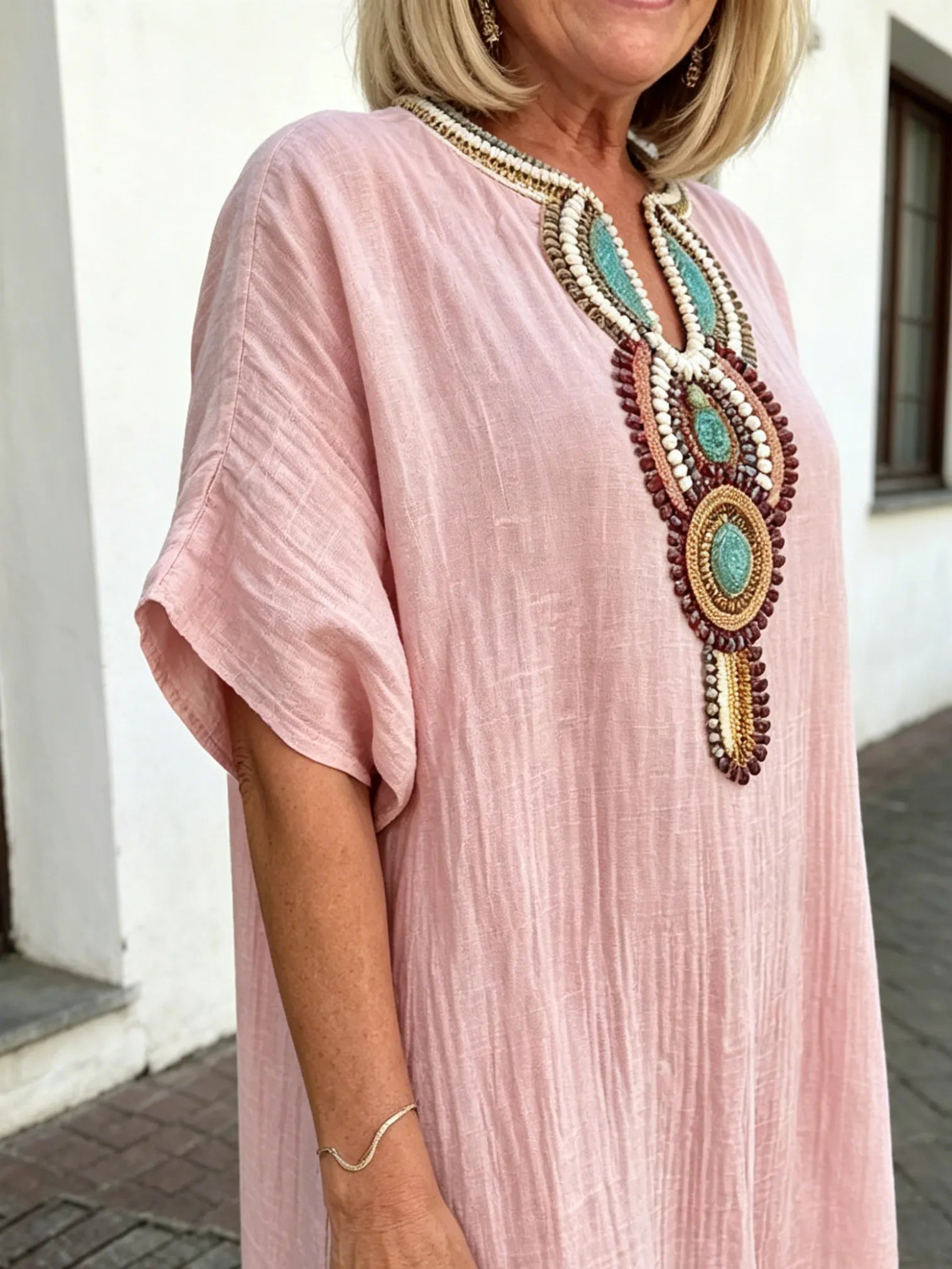 Cotton and Linen Embroidered Split Dress