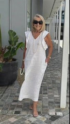 Casual Dress with Ruffle Sleeves,Back Adjustment Rope,Deep Pockets,Pure White Formal Dress, Evening Dress