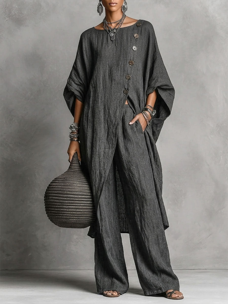 Women's Casual Two-piece Set: Side-slit Button-up Top And Loose-fit Pants