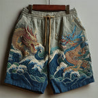Japanese Dragons & Sea Waves Embroidered Linen Shorts