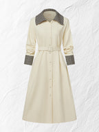 Cotton Trench Coat, Long Sleeves, Shawl Collar, Plain, Button Design, Vintage, Apricot