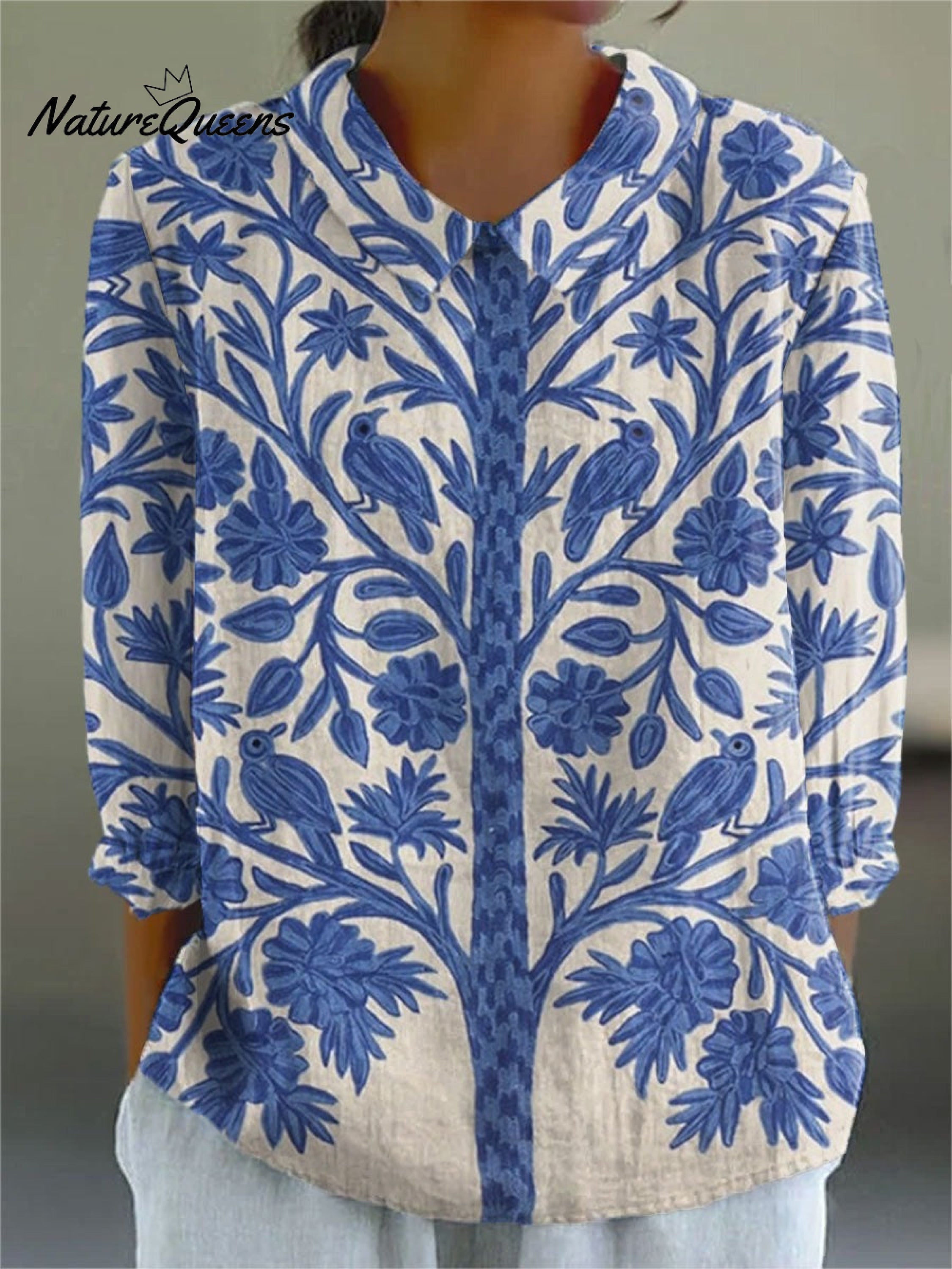 Women's  Vintage Floral Art Print Casual Linen V-neck Shirt