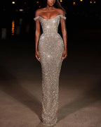 Off-shoulder Rhinestone Sequin Dress