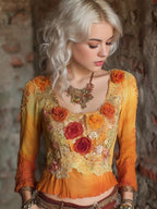 Autumn Floral Vintage Lace Patchwork Art Women's Long Sleeve Top