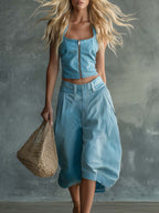 Personality Retro Western Vacation Light Blue Denim Zip-Up Top And Bermuda Shorts Set