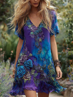 Women's Vintage Rose Floral Pattern V-neck Short Sleeve Dress