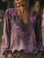 Vintage Purple Rose Design Summer V-neck Long-sleeved Linen Top