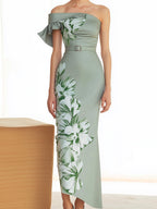 Stylish One-Shoulder Dress with Side Floral Print and Waist Cincher