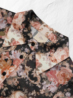 Cotton Shirt, Long Sleeves, Shawl Collar, Floral, Button Design, Vacation, Vintage, Apricot
