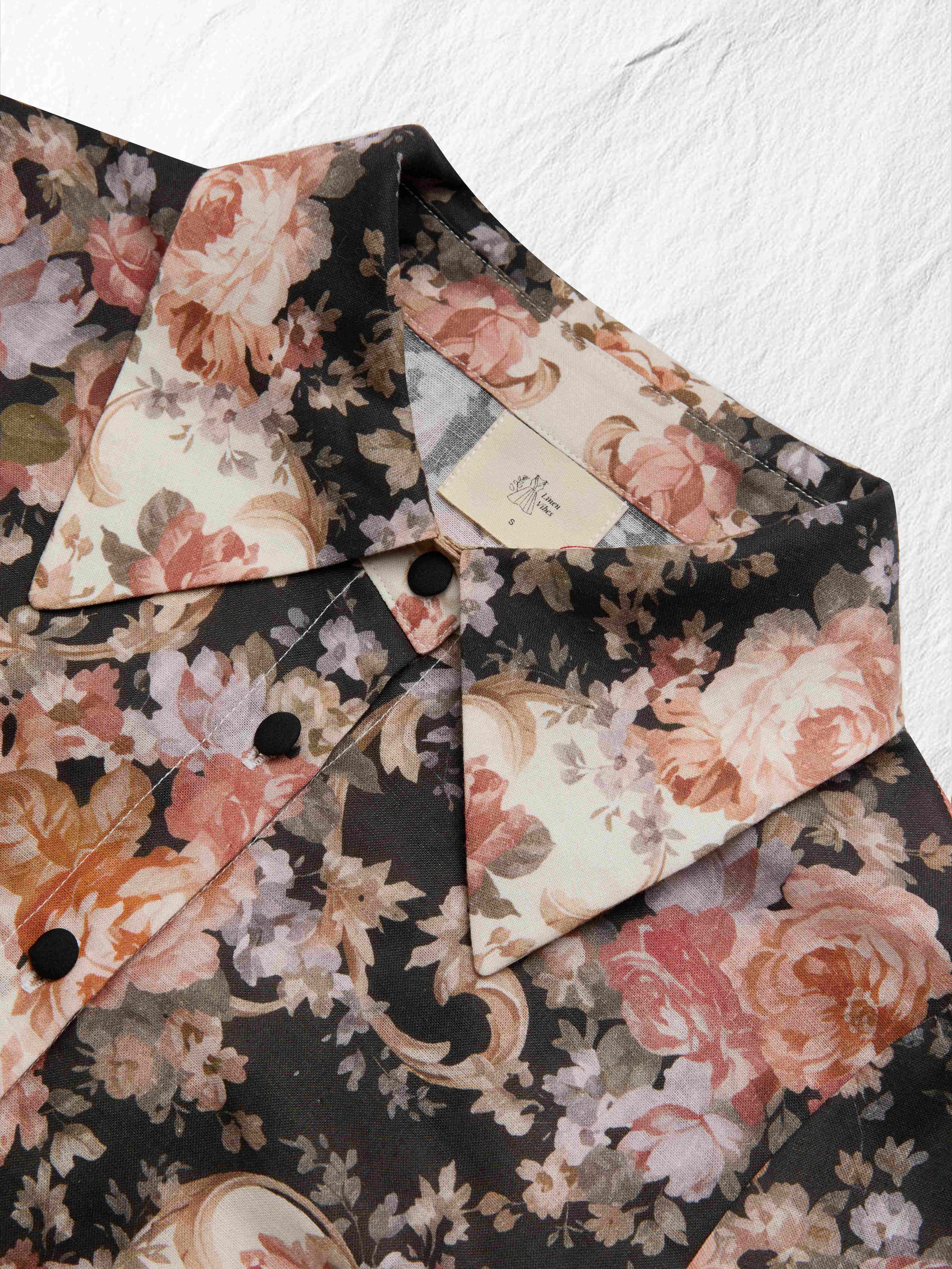 Cotton Shirt, Long Sleeves, Shawl Collar, Floral, Button Design, Vacation, Vintage, Apricot