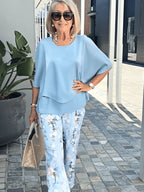 Casual Crew Neck Medium Sleeve Top Printed Floral Pants Set Two-piece Set