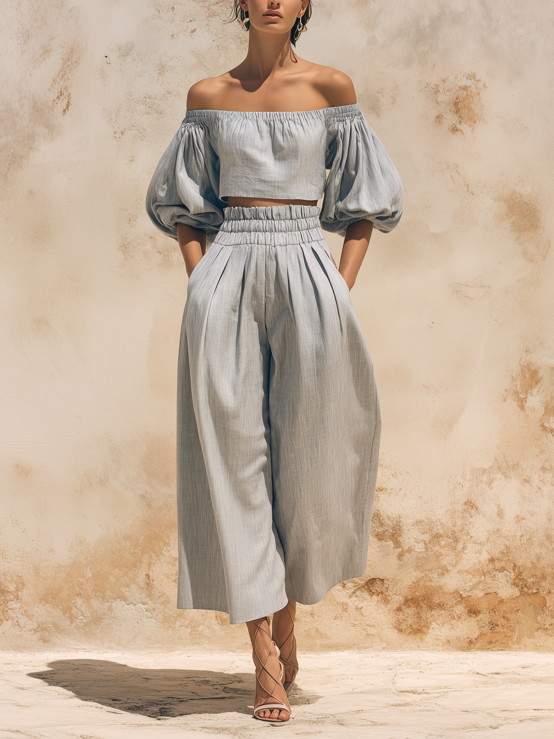 Off-the-Shoulder Puff Sleeve Linen Two-Piece Set