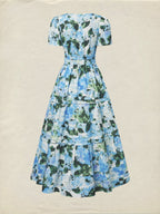 Maxi Cotton Dress, Short Sleeves, V Neck, Floral, Vintage, Blue