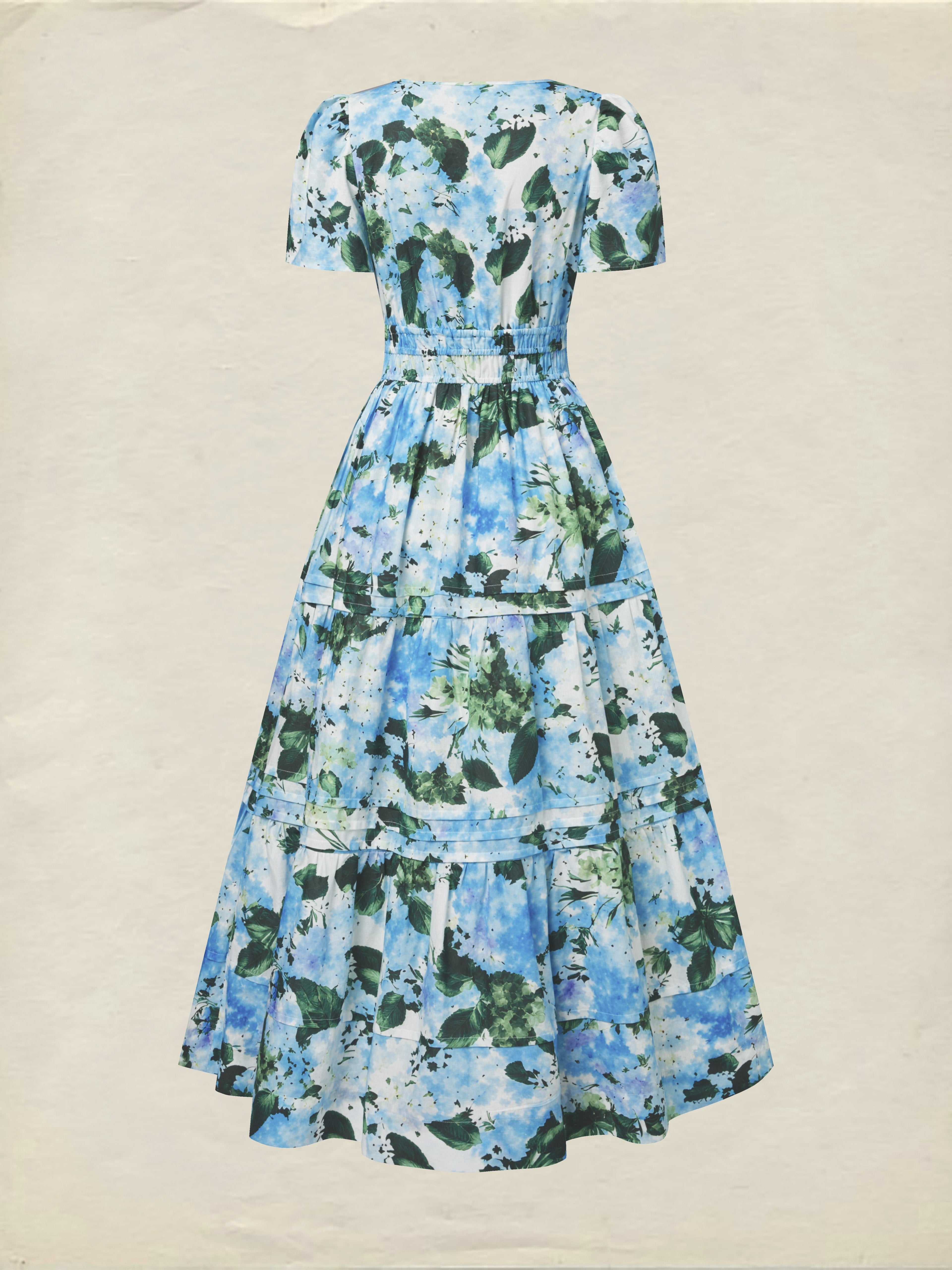Maxi Cotton Dress, Short Sleeves, V Neck, Floral, Vintage, Blue