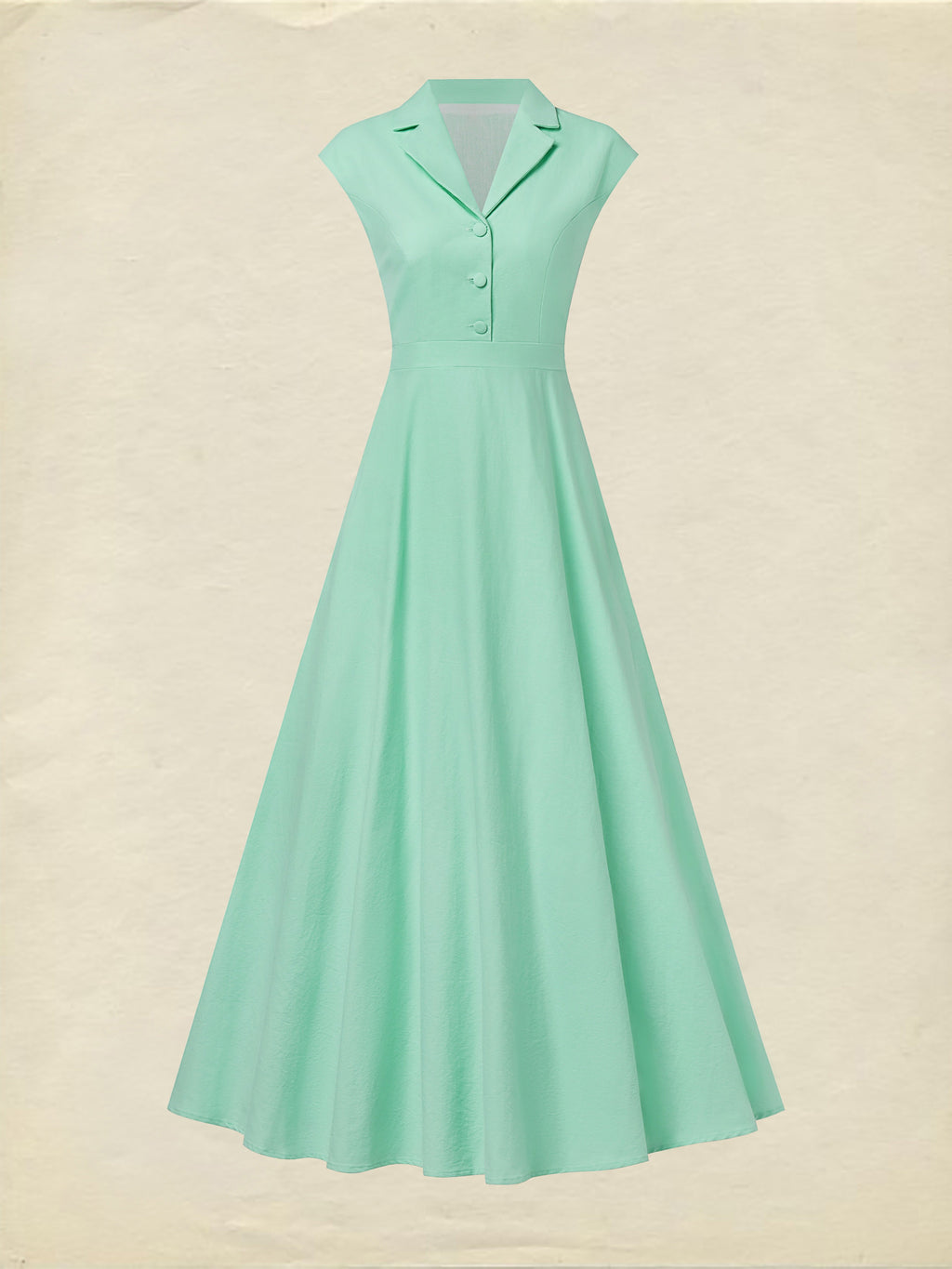 Maxi Cotton Dress , Cap Sleeves, Shawl Collar, Plain, Button Design, Vintage,  Light Green