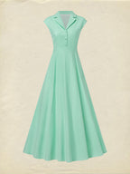 Maxi Cotton Dress , Cap Sleeves, Shawl Collar, Plain, Button Design, Vintage,  Light Green