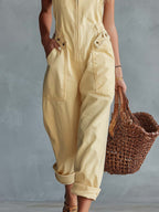 Casual Retro Square Neck Front Zipper Light Yellow Denim Jumpsuit