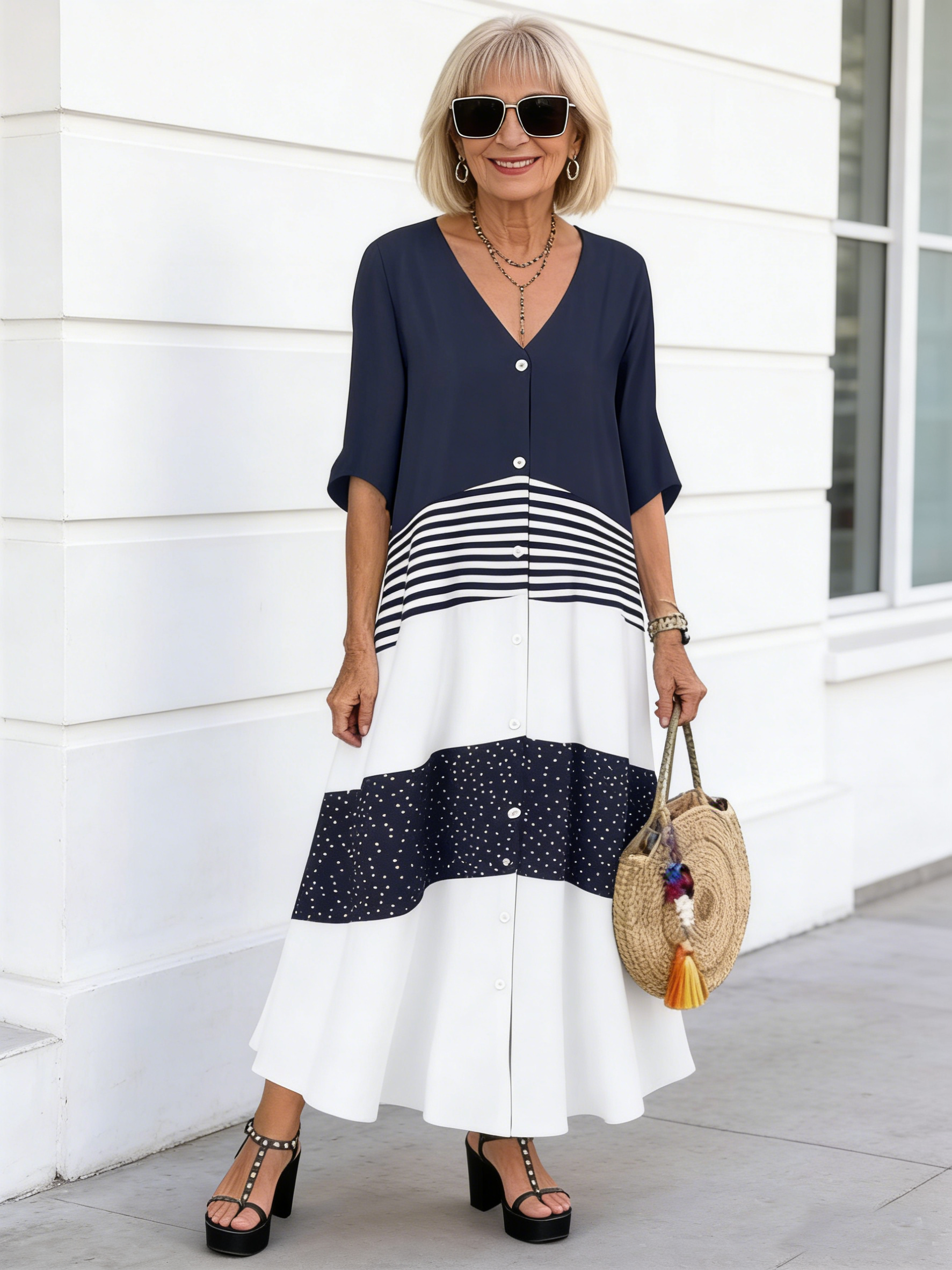 V-Neck Short Sleeve Printed Long Dress Button Casual Dress