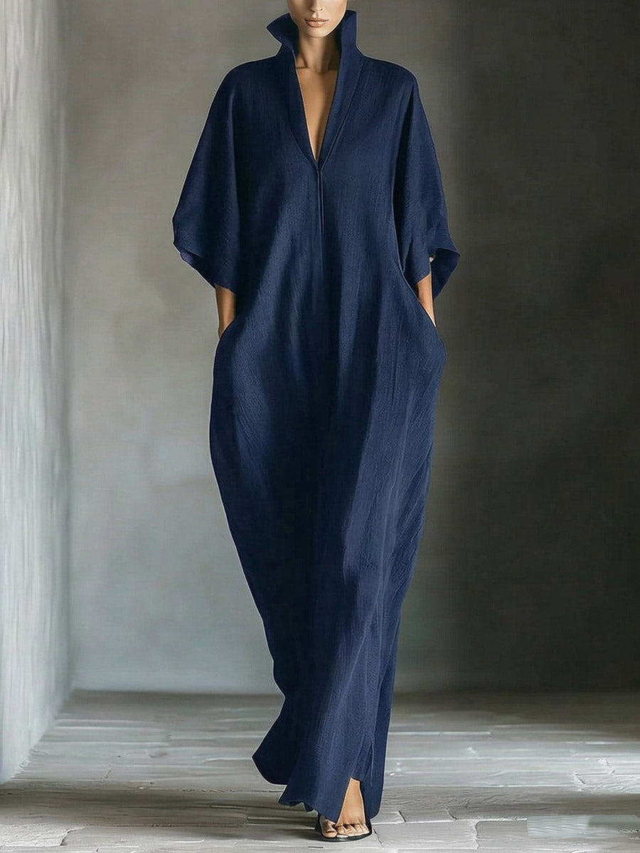Women's Solid Color Stand Collar 3/4 Sleeve Casual Loose Cotton Linen Dress