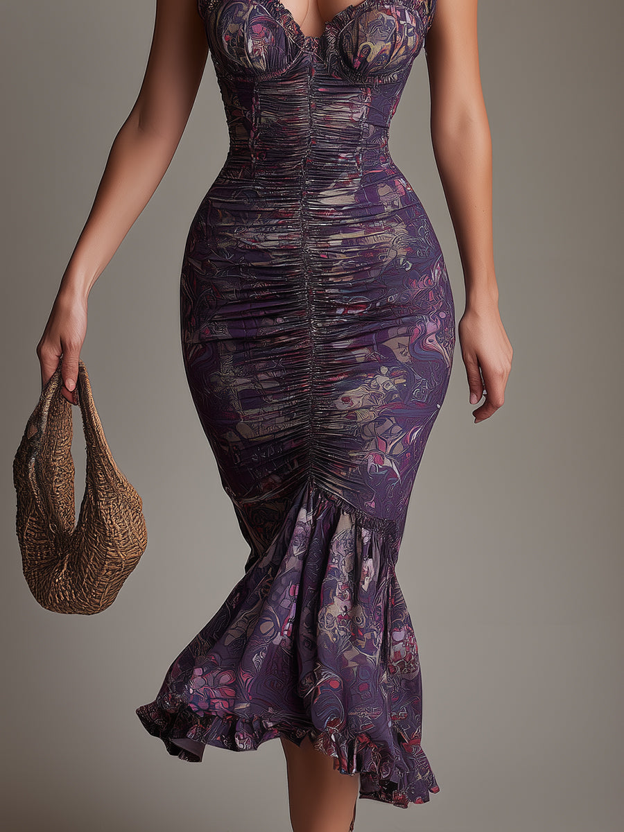 Retro Ruched Ruffle-Sleeve Fishtail Midi Dress