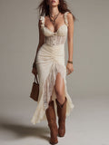 Vintage Lace-Paneled High-Low Hem Midi Dress
