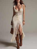 Vintage Lace-Paneled High-Low Hem Midi Dress