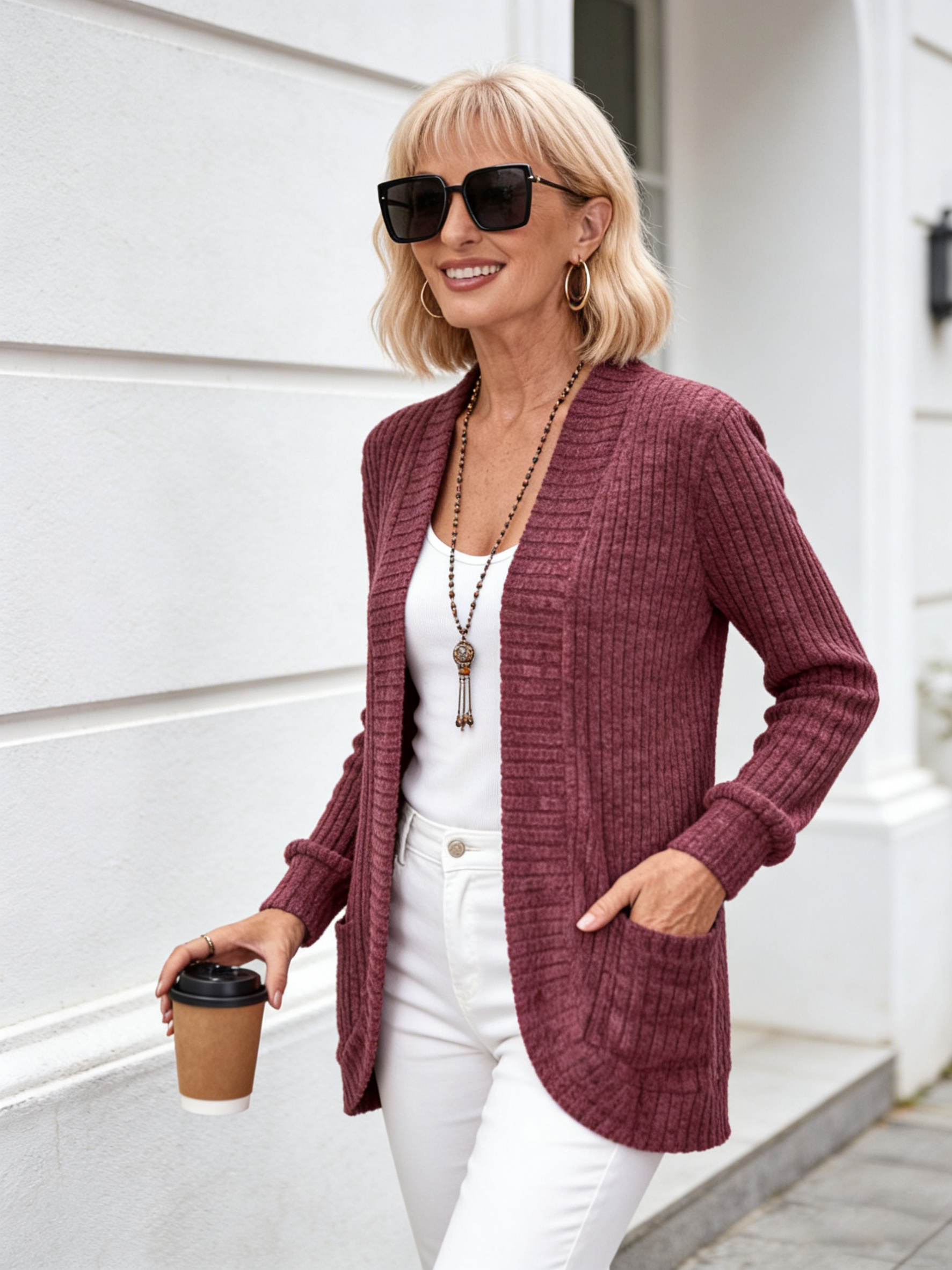 Women's Solid Color Long Sleeve Open Front Cardigan - Versatile Pockets Cardigan for Spring and Fall Seasons, Perfect for Daily Wear and Outdoor Activities
