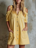 Loose-fitting Cold-shoulder Short-sleeved Single-breasted Mini Dress